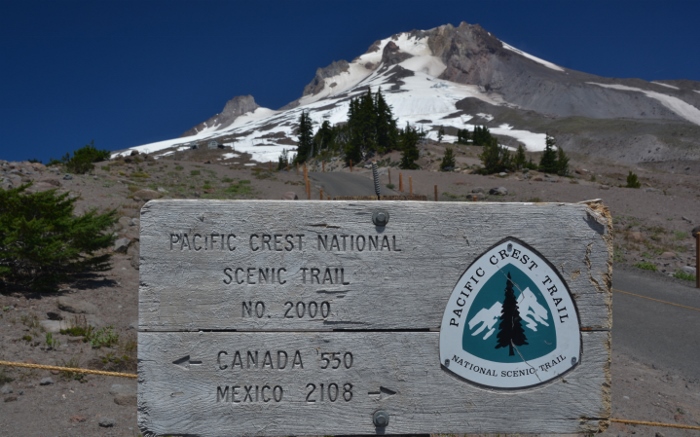 the Pacific Crest Trail sign that wanders through the lodge's backyard